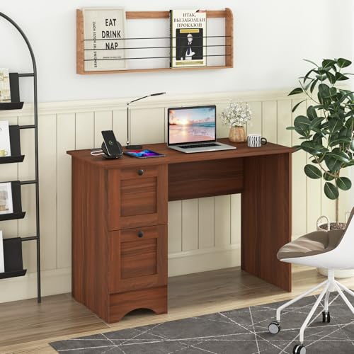 Tangkula Computer Desk with Drawers & Charging Station, Wooden Home Office Desk PC Laptop Notebook Desk, Compact Study Desk Writing Desk, Computer Workstation Ideal for Home & Office - color: Walnut