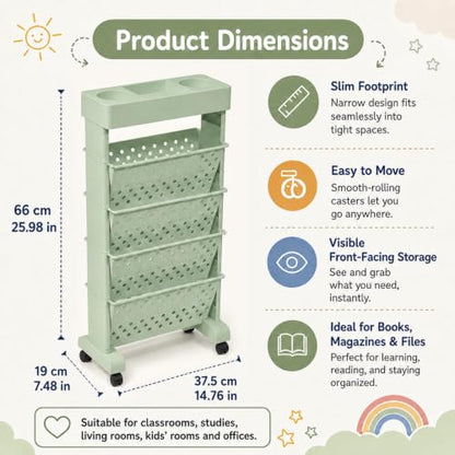 5-Tier Rolling Bookshelf Cart with Wheels, Green - color: Green, size: 5-Tier 26"H