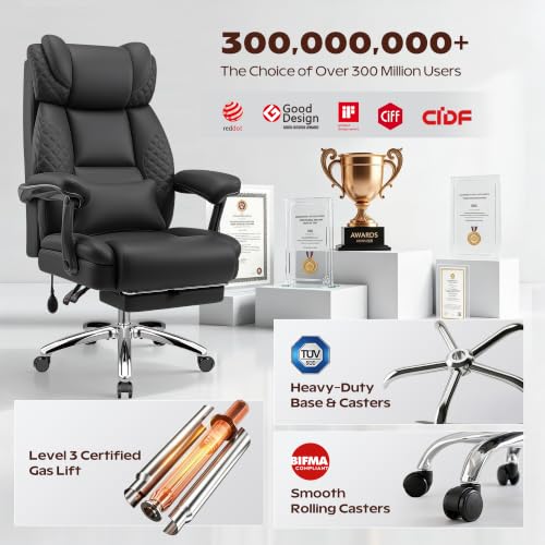 Office Desk Chair with Footrest, High Back Leather Chair Lumbar Support