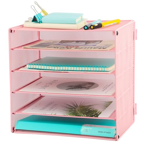 5 Slot Mesh Desk Organizer Tray, File Paper Letter Folder Holder Desktop Paper Sorter Mail Organization Rack Storage Accessories, for Office Home School Classroom, Pink - color: 5 Tier Pink