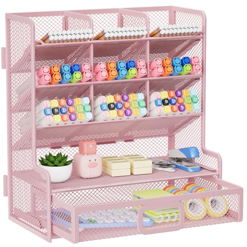 Marbrasse Larger Mesh Desk Organizer with Drawer, Multi-Functional Pen Pencil Holder, Easy Assembly, Desk Organizers and Accessories for Office Art Supplies (Pink) - color: Pink, size: 9.8"*9.6"*5.4"