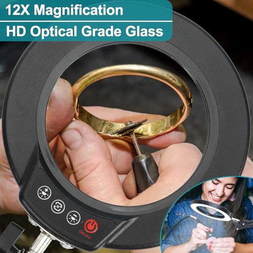 12X Magnifying Glass with Light and Stand, 2-in-1 Desk Lamp & Clamp Light, Seylae 5 Color Modes, Brightness Stepless Dimmable LED Lighted Magnifier Hands Free, Magnifier Lamp for Close Work, Reading - color: Black, size: 12X 17.8inch Base & Clamp