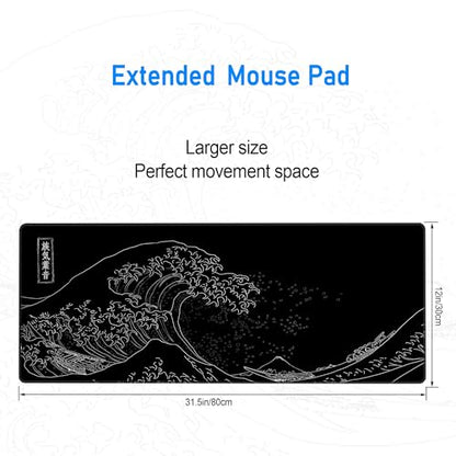 Great Wave Off Kanagawa Desk Mat,Black Gaming Mouse Pad,31.5 x 12 in | Large Extended Japanese Sea Wave Anime Mousemat,XL Minimalist E-sport Soft Micro Woven Cloth PC Keyboard Mat,80x30 cm - color: Sea Wave Y