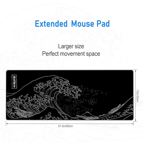 Great Wave Off Kanagawa Desk Mat,Black Gaming Mouse Pad,31.5 x 12 in | Large Extended Japanese Sea Wave Anime Mousemat,XL Minimalist E-sport Soft Micro Woven Cloth PC Keyboard Mat,80x30 cm - color: Sea Wave Y