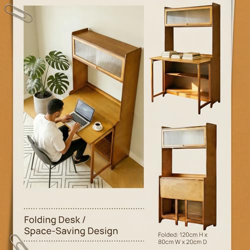 Folding Desk with Storage, Bamboo Foldable Computer Desk for Small Spaces, Small Writing Desk with Shelves for Bedroom Dorm Home Office