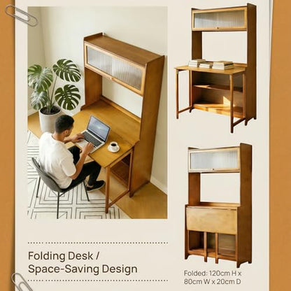 Folding Desk with Storage, Bamboo Foldable Computer Desk for Small Spaces, Small Writing Desk with Shelves for Bedroom Dorm Home Office