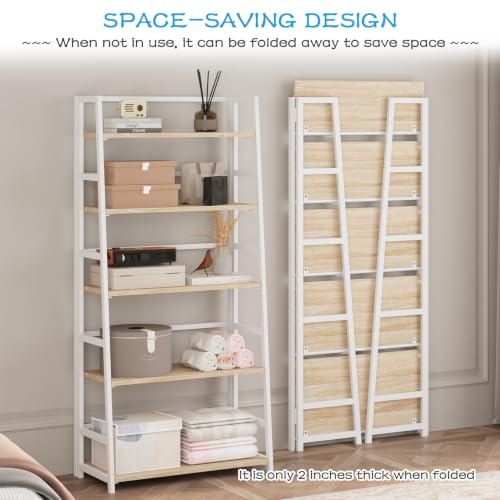 JSB 5 Tier Bookshelf, No Assembly Folding Ladder Bookshelf, 51.6in Tall Foldable Ladder Shelf, Bookcase for Home Office, Living Room,Space-Saving (Natural & White, 5 Tier) - color: Natural & White