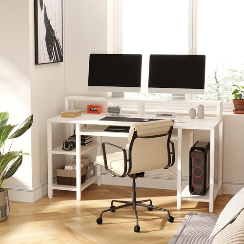 VERMESS 48 Inch Computer Desk, Home Office White With Keyboard Tray, Gaming With Full Monitor Stand, Storage Shelves & CPU Stand, Modern Study Writing Table Studio Work With Shelf - color: Pure White