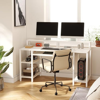 VERMESS 48 Inch Computer Desk, Home Office White With Keyboard Tray, Gaming With Full Monitor Stand, Storage Shelves & CPU Stand, Modern Study Writing Table Studio Work With Shelf - color: Pure White