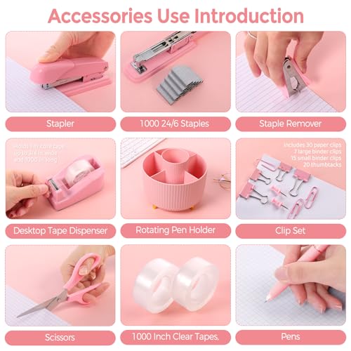 SKYDUE Pink Desk Accessories 11Pcs with Rotating Pen Holder for Desk | Included Stapler with Staples, Staple Remover, Tape Dispenser,2pcs Tape Refills, Binder Paper Clips Kit, Scissor, 2pcs Pens - color: Pink