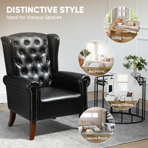 MOJAY PU Leather Accent Chair, Mid-Century Living Room Sofa Chair, Upholstered Arm Chair with Sturdy Wooden Legs, Faux Leather Club Chair for Bedroom Study Home Office Reception (Black) - color: Black, size: Set of 1
