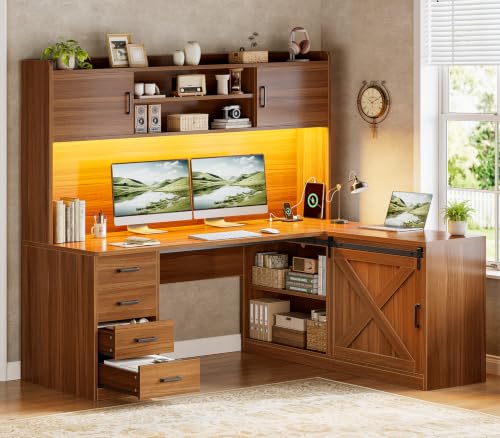 SEDETA 55” Farmhouse L Shaped Desk with 4 Drawers, Hutch, Corner Computer Desk with Storage Drawers, L Shaped Gaming Desk with LED Light and Power Outlet for Home Office, Brown - color: Brown, size: 55 inches