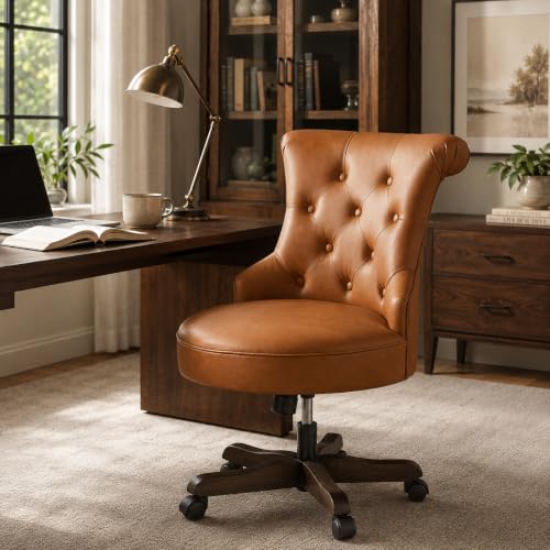 HUIMO Home Office Chair Upholstered Faux Leather PU Armless Desk Chair with Wheels Adjustable Height Computer Desk Chair with Wooden Legs Comfy Swivel Chair for Study Studio (Caramel Brown) - color: Caramel Brown