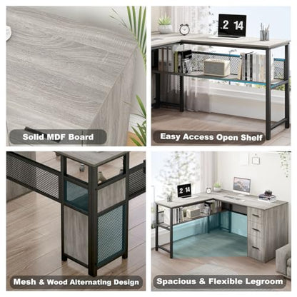 LVB Reversible L Shaped Desk with Drawers, Grey Computer Desk with Storage - color: Light Grey Oak