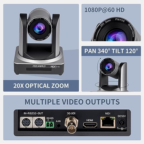 FEELWORLD NDI20X 1080p 20X Optical Zoom 3G SDI NDI HDMI IP PoE PTZ Camera | Low Light Correction, Auto Focus for Live Streaming Church Business Education Medical Conference Room Camera System - size: NDI20X