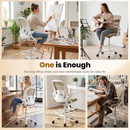 Primy Drafting Chair Tall Office Chair with Flip-up Armrests Executive Ergonomic Computer Standing Desk Chair with Lumbar Support and Adjustable Footrest Ring（Khaki） - color: Khaki, size: 934-Z