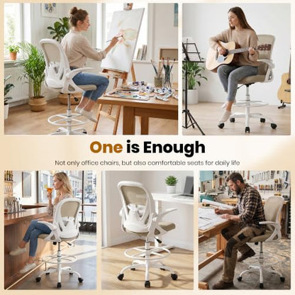 Primy Drafting Chair Tall Office Chair with Flip-up Armrests Executive Ergonomic Computer Standing Desk Chair with Lumbar Support and Adjustable Footrest Ring（Khaki） - color: Khaki, size: 934-Z