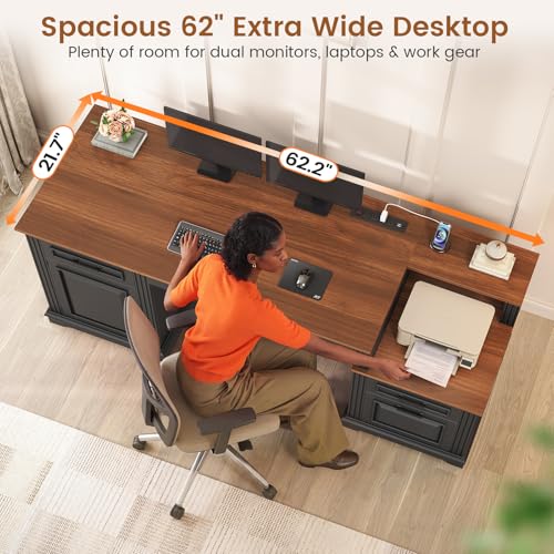 SEDETA Farmhouse Executive Desk, 62'' Home Office Desk with File Drawers, 3Drawer and Storage Cabinet, Computer Desk with Power Outlet for Home Office, Work Study Writing, Black + Walnut - color: Black + Walnut