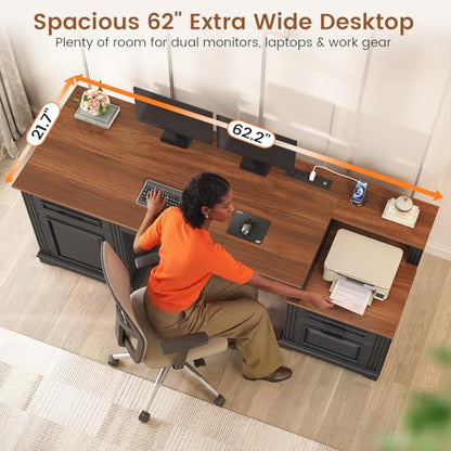 SEDETA Farmhouse Executive Desk, 62'' Home Office Desk with File Drawers, 3Drawer and Storage Cabinet, Computer Desk with Power Outlet for Home Office, Work Study Writing, Black + Walnut - color: Black + Walnut