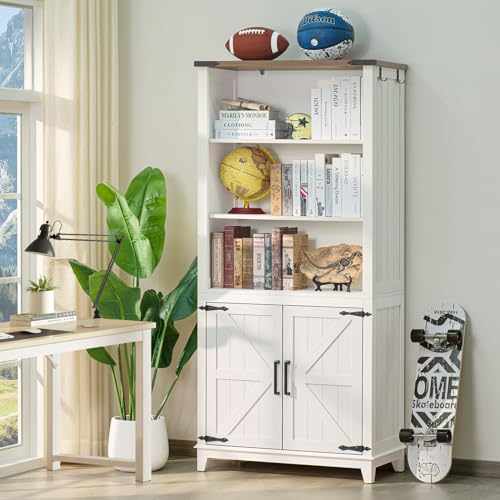 Joaxswe 5 Tier Bookshelf 70in Tall Bookcase with Barn Doors and Storage Cabinet, White Farmhouse Book Shelf with Adjustable Shelves, Wood Freestanding Display Bookshelves for Bedroom, Living Room - color: White, size: 1 Piece