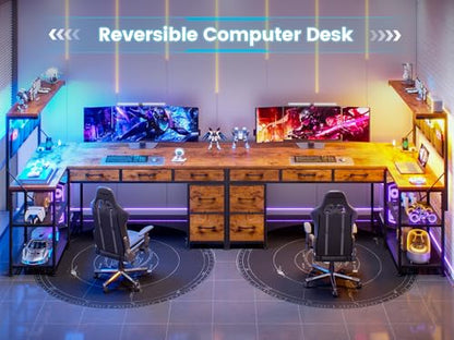 SEDETA 47.2" Reversible L Shaped Office Desk with Drawers, Hutch, Shelves | L Shaped Computer Desk with 5 Fabric Drawers, Storage, Power Outlet and LED Lights for Home Office, Rustic Brown - color: Rustic Brown