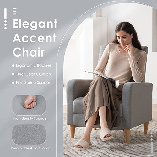 COLAMY Mid-Century Modern Accent Chair, Fabric Upholstered Living Room Chair with Back Pillow & Solid Wood Legs, Comfy Armchair for Living Room, Bedroom, Single Sofa, Grey - color: Grey, size: Set of 1