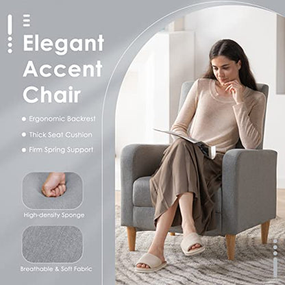 COLAMY Mid-Century Modern Accent Chairs Set of 2, Fabric Upholstered Living Room Chairs with Back Pillow & Solid Wood Legs, Comfy Armchair for Living Room, Bedroom, Single Sofa, Grey - color: Grey, size: Set of 2