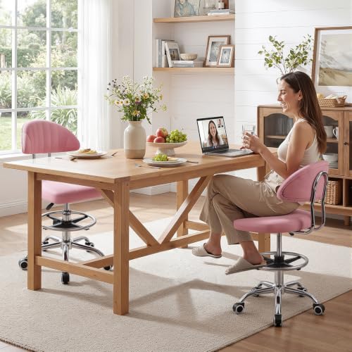 Height Adjustable Office Chair, 360-Degree Swivel Drafting Chair, Backrest, Foot Rest, 220lbs Load-Bearing, Ergonomic Rolling Computer, Lumbar Support, Home Studio Dental Salon Pink - color: Pink
