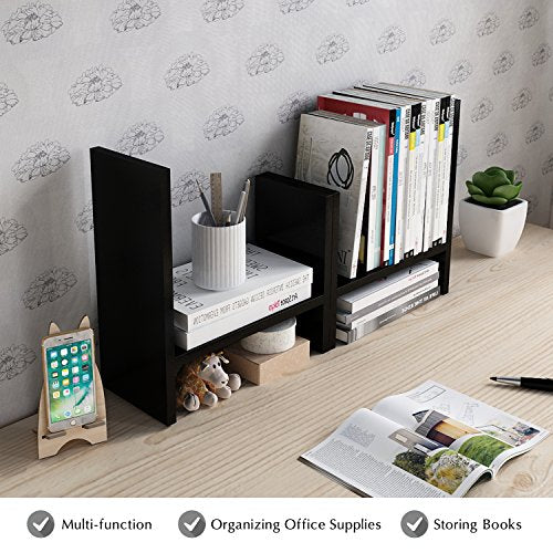 Jerry & Maggie Desktop Organizer Office Storage Rack Adjustable Wood Display Shelf Free Style Double H, Multi-Functional Mini Bookshelf for Desk Natural Stand (Black) - color: Black