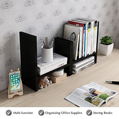 Jerry & Maggie Desktop Organizer Office Storage Rack Adjustable Wood Display Shelf Free Style Double H, Multi-Functional Mini Bookshelf for Desk Natural Stand (Black) - color: Black