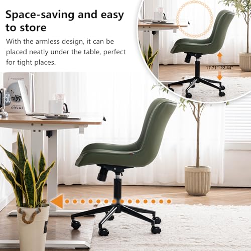 YOUNIKE Office Desk Chair with Wheels Armless Vanity Chair Modern Tan | Faux Leather Upholstered with Rocking Back, Swivel Height Adjustable Small Cute Computer Rolling Task Chair Ergonomic 300lb - color: Olive Green, size: Base Black