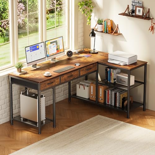 PRAISUN 55 Inch L Shaped Office Desk with Power Outlets and Type-C Port - color: Rustic Brown, size: 55.1inch