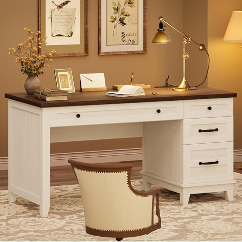 53.5" Executive Desk with Power Outlet, Home Office Desk with Drawers, Wooden Work Desk with File Cabinet, Computer Desk for Work, Study, Writing, White and Brown - color: White and Brown