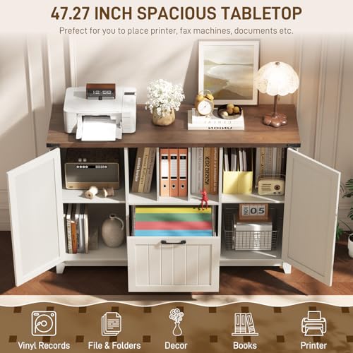 Vabches Lateral File Cabinet, Rustic White Farmhouse Filing Cabinet | File Cabinet with Storage Shelves for Legal/A4/Letter Size Hanging Files, Large Modern Printer Stand for Home Office