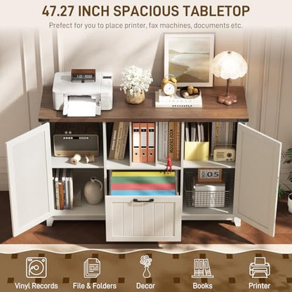 Vabches Lateral File Cabinet, Rustic White Farmhouse Filing Cabinet | File Cabinet with Storage Shelves for Legal/A4/Letter Size Hanging Files, Large Modern Printer Stand for Home Office