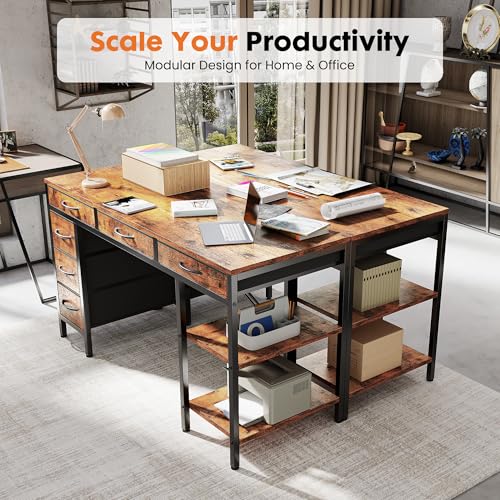 Sweetcrispy 55" Computer Desk with 6 Drawers, Home Office Gaming Desks with Storage Shelves for Bedroom, Writing Study Corner Living Room Work Table Rustic Brown