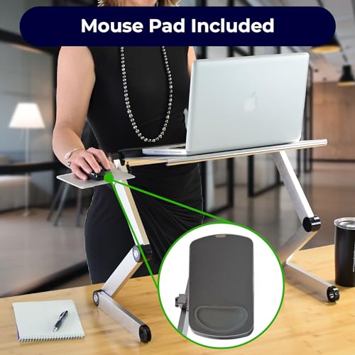 WorkEZ Cooling Adjustable Laptop Stand for Desk w/Fan USB Ports Mouse Pad Ergonomic Foldable Laptop Stand Riser Portable Computer Holder, Silver | WorkEZ Cool. Adjustable computer stand for laptop and foldable laptop table for bed or sofa, holds up to 15.