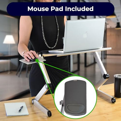WorkEZ Cooling Adjustable Laptop Stand for Desk w/Fan USB Ports Mouse Pad Ergonomic Foldable Laptop Stand Riser Portable Computer Holder, Silver | WorkEZ Cool. Adjustable computer stand for laptop and foldable laptop table for bed or sofa, holds up to 15.
