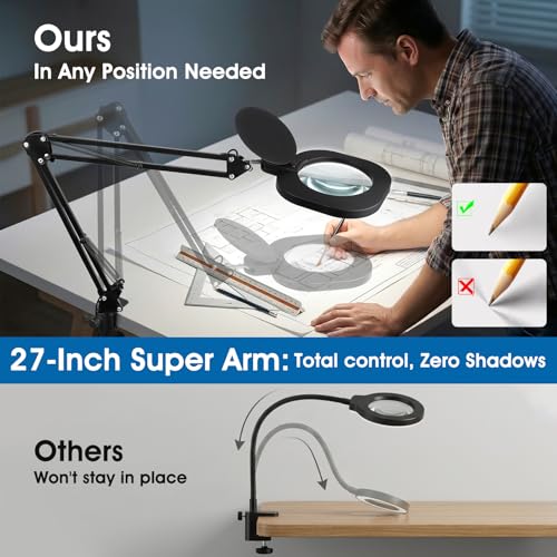 12X Magnifying Glass with Light and Stand: 27 Inch Extra Long Arm