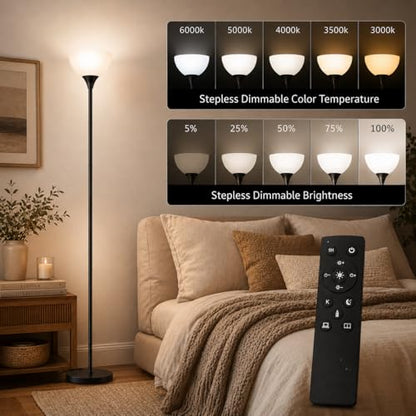 PESRAE Floor Lamp, Remote Control, Stepless Brightness & Color Temperature - color: Matte Black
