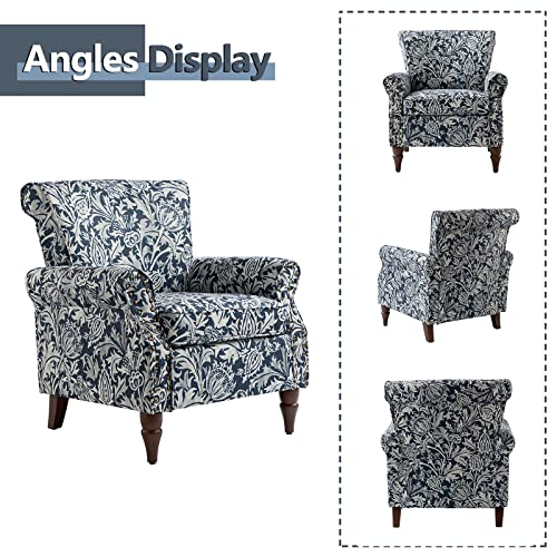 HULALA HOME Traditional Floral Accent Chair with Solid Wood Legs, Navy | Comfy Upholstered Armchair Reading Chair with Rolled Armrests, Nailhead Trim, Removable Cushion, for Living Room Bedroom - color: Navy