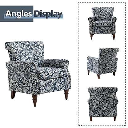 HULALA HOME Traditional Floral Accent Chair with Solid Wood Legs, Navy | Comfy Upholstered Armchair Reading Chair with Rolled Armrests, Nailhead Trim, Removable Cushion, for Living Room Bedroom - color: Navy
