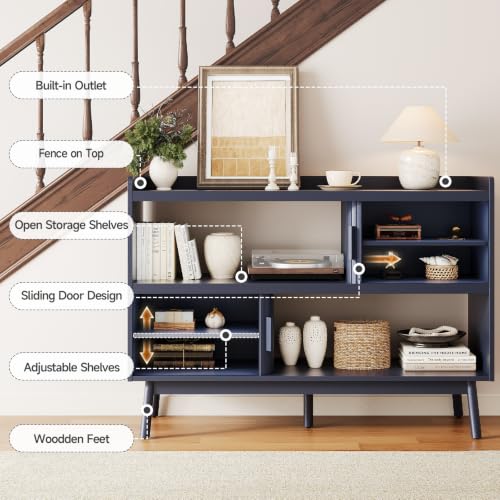 ONBRILL 51.2" Sideboard Buffet Cabinet with Outlet & Sliding Door, Blue - color: Blue, size: 51.2"