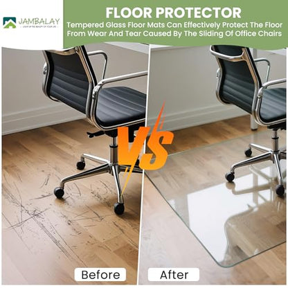 JAMBALAY 55″×46″ Tempered Glass Chair Mat, Heavy Duty Glass Office Floor Mat for Carpets and Wooden Floor, with 12 Anti-Slip Pads, Polished Edges and Round Corners, Easy Roll On, Thick 0.2″ - size: 55"x46"-No Lip