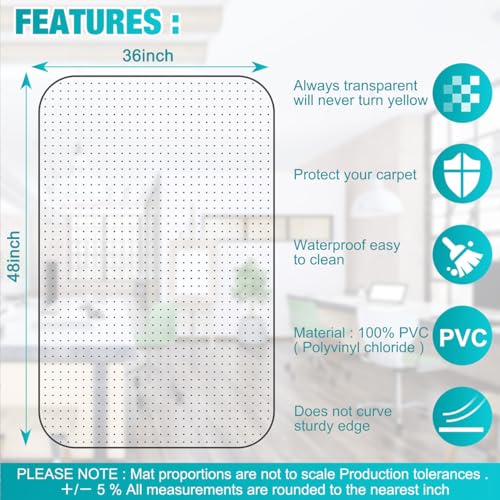 2 Pack Office Chair Mat for Carpets, 48" x 36" Clear Heavy Duty Plastic Floor Protector for Low Pile Carpeted Floors, Under Desk Computer Chair Mat for Home Office, Easy Glide and Flat Without Curling - size: 2PCS 48" X 36"