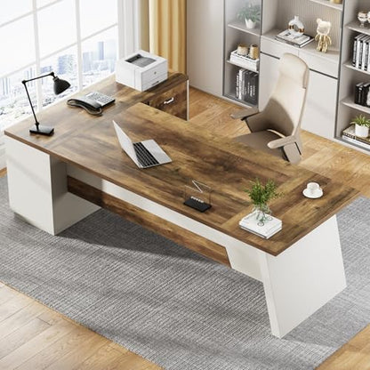 Tribesigns 78" L-Shaped Executive Desk, Large Modern Office Desk with Drawers and Lateral File Cabinet, Business Furniture with Storage Shelves, Big Computer Desk for Home Office (Brown + White) - color: Brown + White