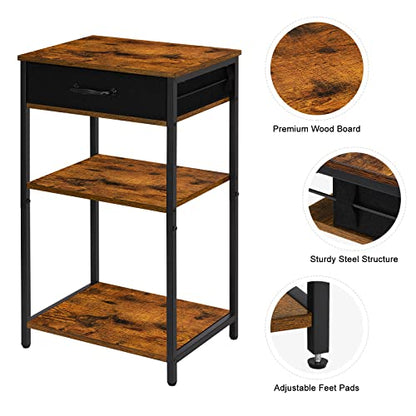 BTY Printer Stand with Storage 3 Tier Home Printer Table with Drawers Multifunctional Under Desk Printer Shelf Holder Industrial End Table Nightstand for Fax Machine Scanner Files Brown