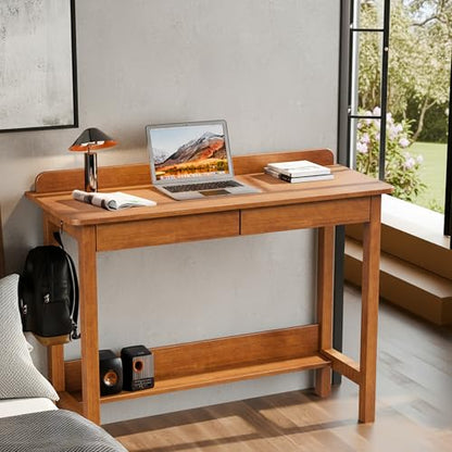 Solid Wood Desk with Drawers, 39 x 16 Inch Narrow Desk with 2 Drawers, Bookshelf & 2 Hooks, Writing & Computer Desk for Small Spaces, Mid Century Modern Desk - Walnut - color: Walnut, size: 39.4 in W x 15.7 in D