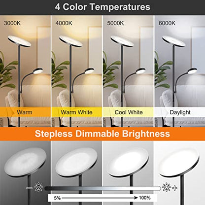 OUTON LED Floor Lamp, 27W/2400LM Modern Torchiere Lamp & 7W/ 400LM Reading Lamp, Bright Dimmable Standing Tall Lamp with 4 Color Temperature, Remote Touch Control for Living Room Bedroom Office, Black