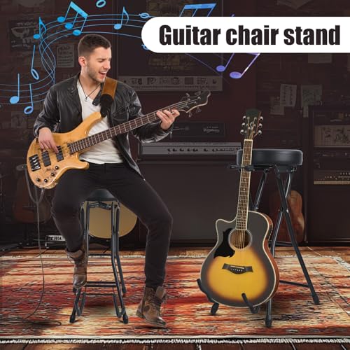 Guitar Stool, Foldable Padded Seat with Built-in Stand & Footrest, Retractable Hook Non-Slip Feet for Acoustic Electric Bass Home Studio Practice (Black-B) - color: Black-b